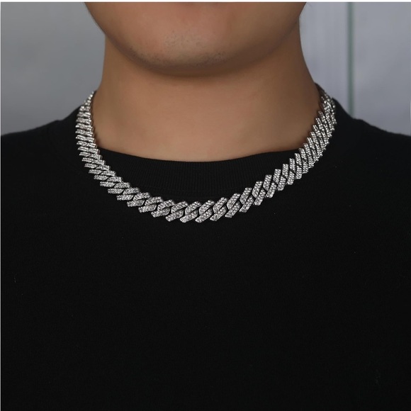 Iced Out Cuban Chain Necklace Silver Tone, 16 inches - Picture 3 of 5